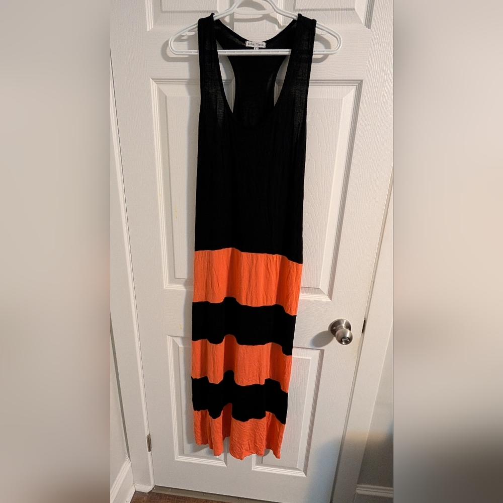 Black and Orange Striped Maxi Dress